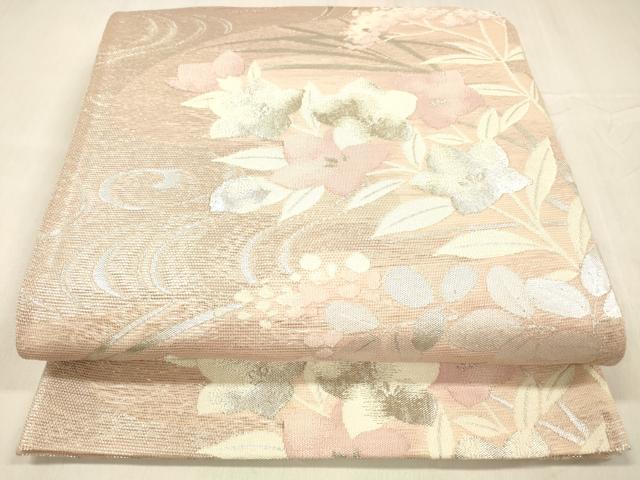 平和屋着物＊夏物 六通柄袋帯 流水草花文 銀糸 正絹 逸品 DABC8695cm