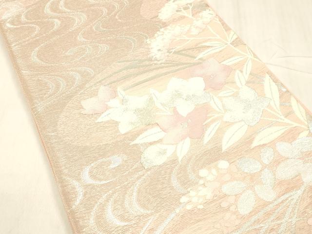 平和屋着物＊夏物 六通柄袋帯 流水草花文 銀糸 正絹 逸品 DABC8695cm