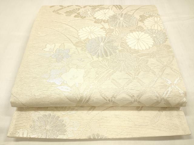 平和屋着物＊夏物 六通柄袋帯 玉すだれ 籬草花文 銀糸 正絹 逸品 DABC8697cm
