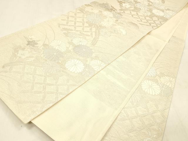 平和屋着物＊夏物 六通柄袋帯 玉すだれ 籬草花文 銀糸 正絹 逸品 DABC8697cm