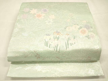 平和屋着物＊夏物 六通柄袋帯 扇面草花文 銀糸 正絹 逸品 DABC8699cm