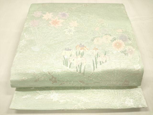 平和屋着物＊夏物 六通柄袋帯 扇面草花文 銀糸 正絹 逸品 DABC8699cm