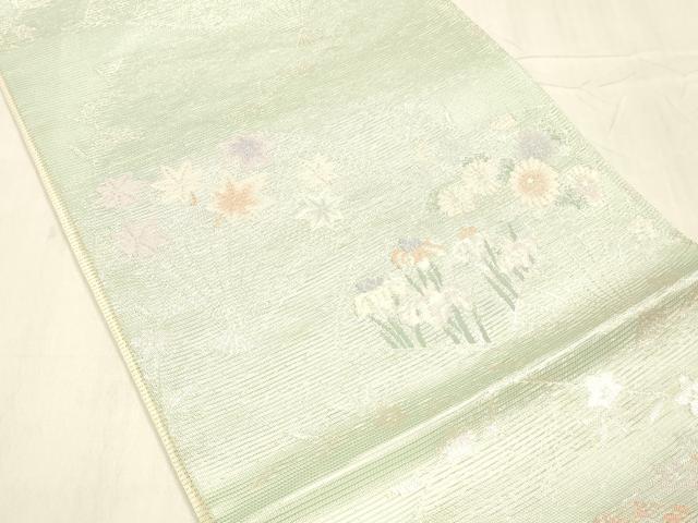 平和屋着物＊夏物 六通柄袋帯 扇面草花文 銀糸 正絹 逸品 DABC8699cm
