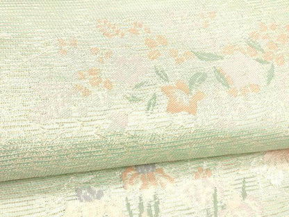 平和屋着物＊夏物 六通柄袋帯 扇面草花文 銀糸 正絹 逸品 DABC8699cm