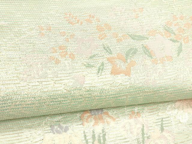 平和屋着物＊夏物 六通柄袋帯 扇面草花文 銀糸 正絹 逸品 DABC8699cm