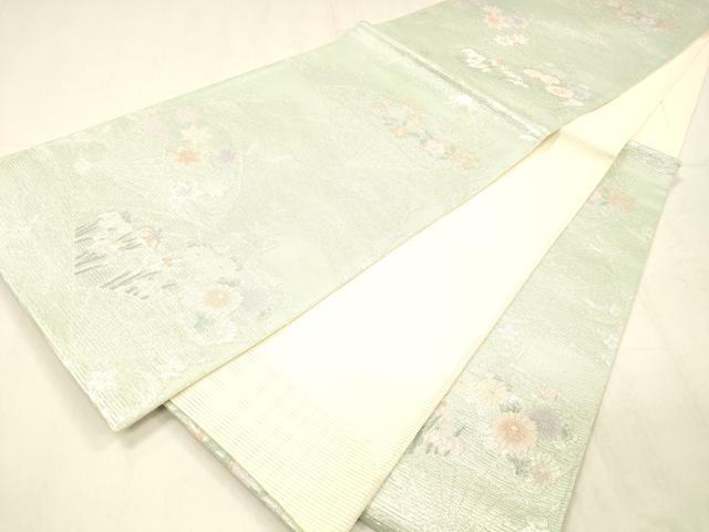 平和屋着物＊夏物 六通柄袋帯 扇面草花文 銀糸 正絹 逸品 DABC8699cm