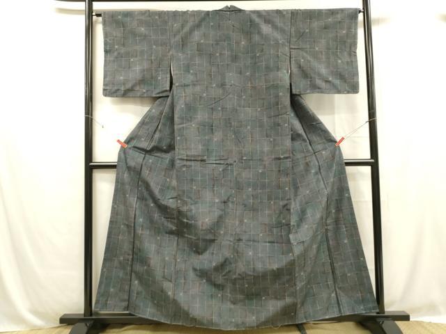 平和屋着物■上質な紬　格子　正絹　逸品　DABC8709cm
