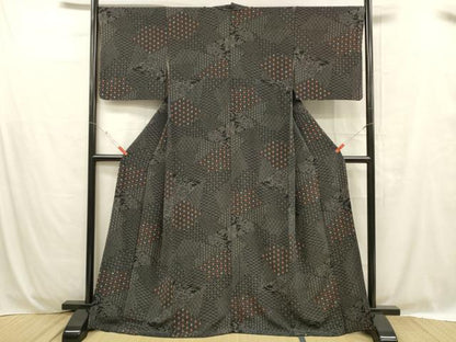 平和屋着物■上質な小紋 寄せ小紋柄 黒地 鬼しぼ縮緬 正絹 逸品 DABC8713cm
