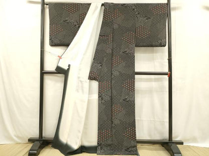 平和屋着物■上質な小紋 寄せ小紋柄 黒地 鬼しぼ縮緬 正絹 逸品 DABC8713cm