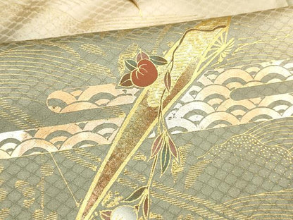 平和屋着物■訪問着 流水草花文 暈し染め 金銀彩 正絹 逸品 DABC8716cm