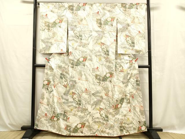 平和屋着物■上質な小紋 扇面草花文 金彩 正絹 逸品 DABC8718cm