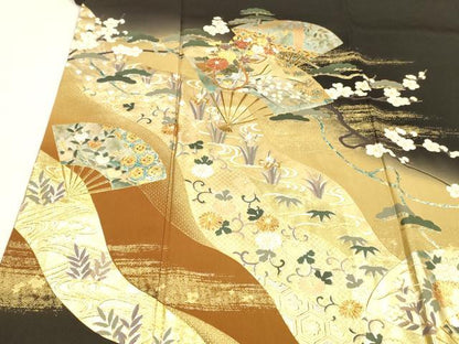 平和屋着物■豪華黒留袖　作家物　駒刺繍　流水扇面花文　松竹梅　暈し染め　金彩　やまと誂製　正絹　逸品　DABC8733cm