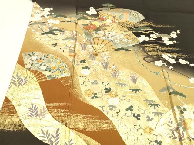 平和屋着物■豪華黒留袖　作家物　駒刺繍　流水扇面花文　松竹梅　暈し染め　金彩　やまと誂製　正絹　逸品　DABC8733cm