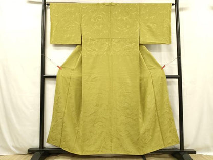 平和屋着物■上質な色無地 墨流し地紋 菜種油色 正絹 逸品 DABC8743cm