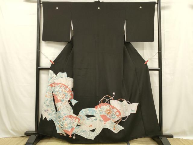 平和屋着物■豪華黒留袖 駒刺繍 飛鶴檜扇草花文 金彩 正絹 逸品 DABC8754cm