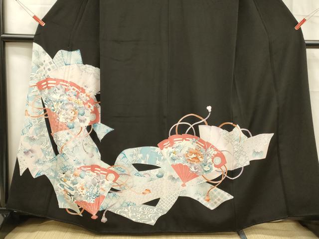 平和屋着物■豪華黒留袖 駒刺繍 飛鶴檜扇草花文 金彩 正絹 逸品 DABC8754cm