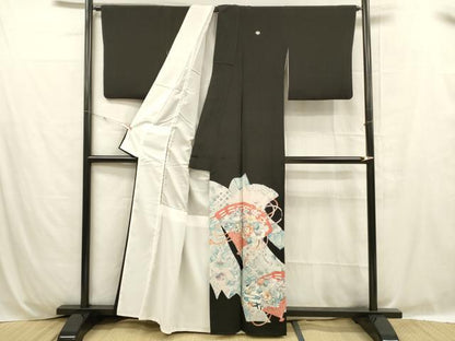 平和屋着物■豪華黒留袖 駒刺繍 飛鶴檜扇草花文 金彩 正絹 逸品 DABC8754cm