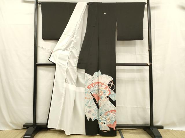 平和屋着物■豪華黒留袖 駒刺繍 飛鶴檜扇草花文 金彩 正絹 逸品 DABC8754cm