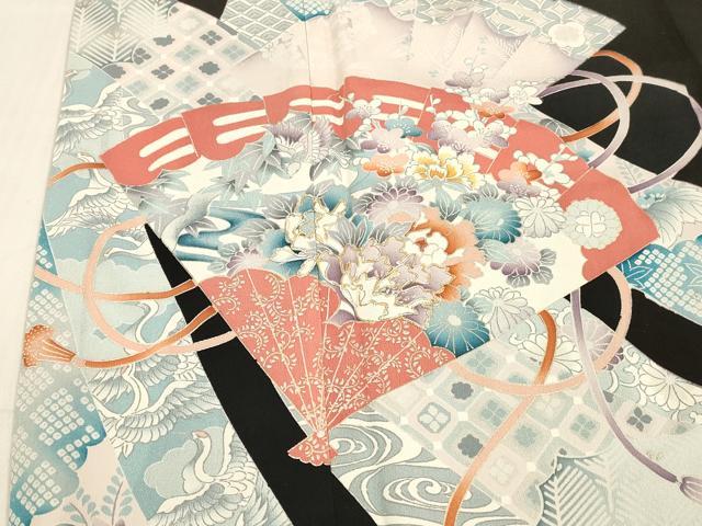 平和屋着物■豪華黒留袖 駒刺繍 飛鶴檜扇草花文 金彩 正絹 逸品 DABC8754cm