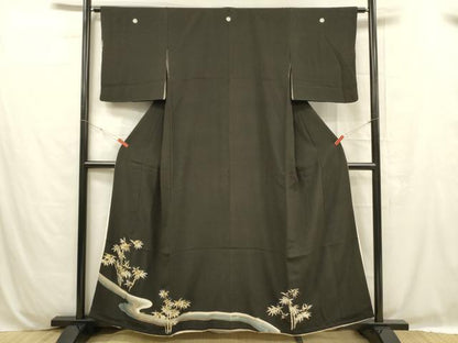 平和屋着物■豪華黒留袖　刺繍　流水笹竹文　金彩　正絹　逸品　DABC8760cm