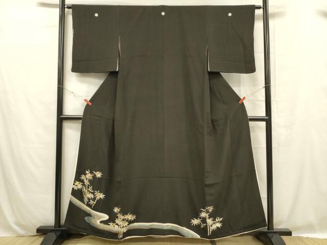 平和屋着物■豪華黒留袖　刺繍　流水笹竹文　金彩　正絹　逸品　DABC8760cm
