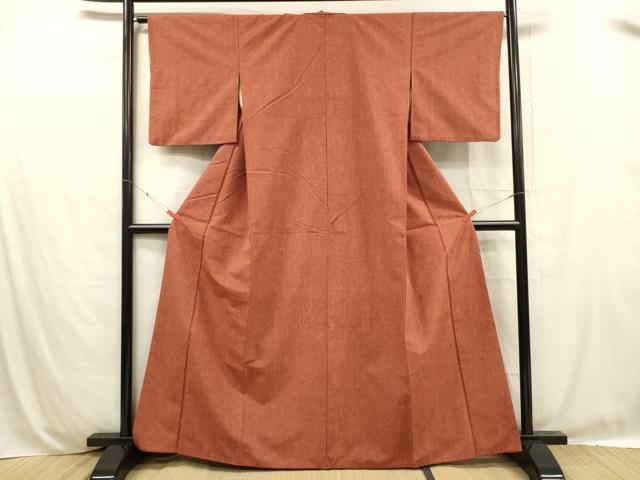 平和屋着物■上質な紬 銀朱色 正絹 逸品 DABC8785cm