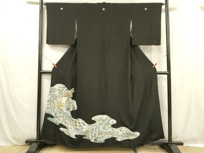 平和屋着物■豪華黒留袖 孔雀草花文 金彩 正絹 逸品 DABC8787cm