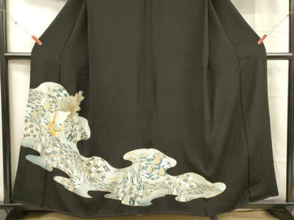 平和屋着物■豪華黒留袖 孔雀草花文 金彩 正絹 逸品 DABC8787cm