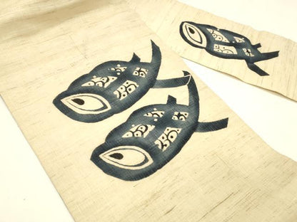 平和屋着物＊夏物 九寸名古屋帯 本藍 魚 麻 逸品 DABC8790cm