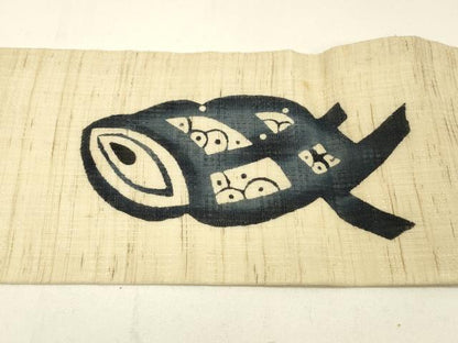 平和屋着物＊夏物 九寸名古屋帯 本藍 魚 麻 逸品 DABC8790cm