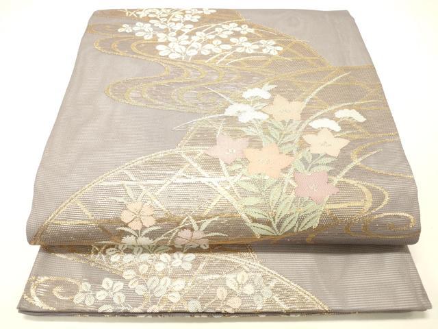 平和屋着物＊夏物 六通柄袋帯 流水籬草花文 金糸 正絹 逸品 DABC8793cm