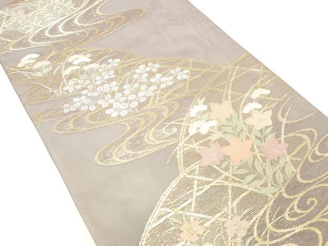 平和屋着物＊夏物 六通柄袋帯 流水籬草花文 金糸 正絹 逸品 DABC8793cm