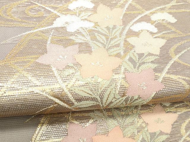 平和屋着物＊夏物 六通柄袋帯 流水籬草花文 金糸 正絹 逸品 DABC8793cm