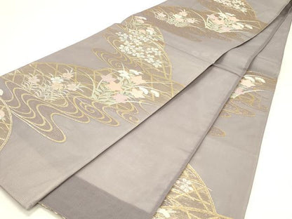平和屋着物＊夏物 六通柄袋帯 流水籬草花文 金糸 正絹 逸品 DABC8793cm