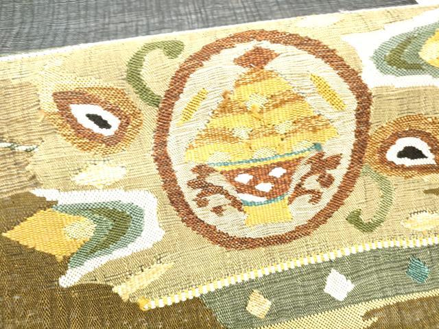 平和屋着物▽太鼓柄袋帯 スリーシーズン 春夏秋 すくい織 抽象文様 金糸 正絹 逸品 DABC8794cm