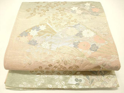平和屋着物＊夏物 六通柄袋帯 扇面草花文 金銀糸 正絹 逸品 DABC8801cm