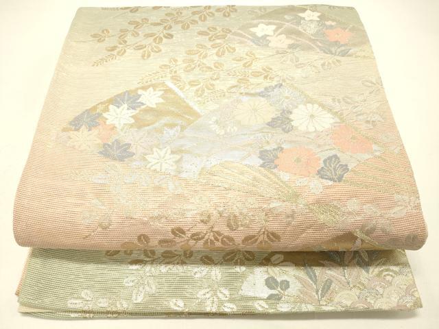 平和屋着物＊夏物 六通柄袋帯 扇面草花文 金銀糸 正絹 逸品 DABC8801cm