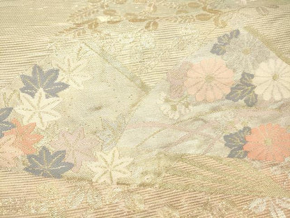 平和屋着物＊夏物 六通柄袋帯 扇面草花文 金銀糸 正絹 逸品 DABC8801cm