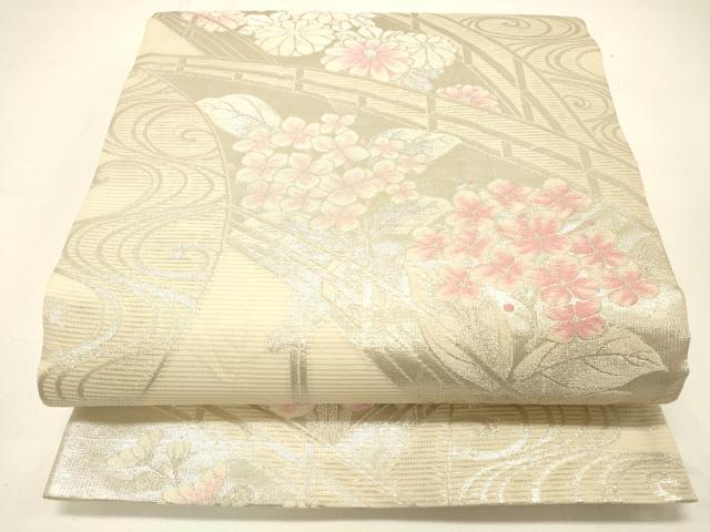 平和屋着物＊夏物 六通柄袋帯 渡橋花文 銀糸 正絹 逸品 DABC8802cm