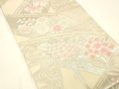 平和屋着物＊夏物 六通柄袋帯 渡橋花文 銀糸 正絹 逸品 DABC8802cm