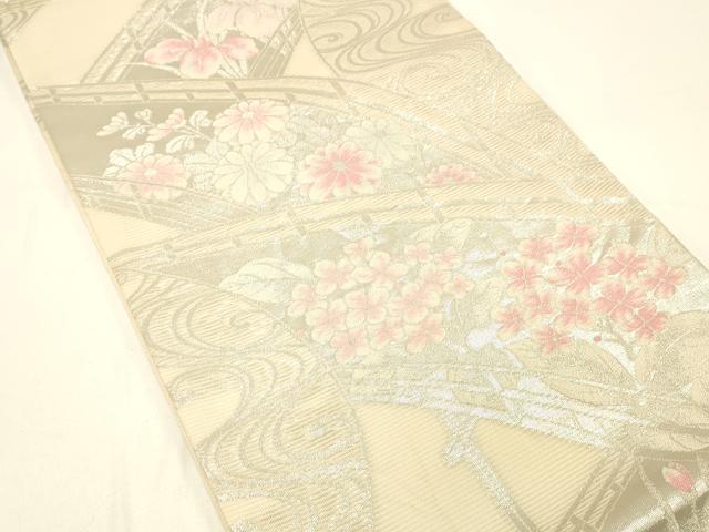 平和屋着物＊夏物 六通柄袋帯 渡橋花文 銀糸 正絹 逸品 DABC8802cm