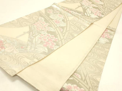 平和屋着物＊夏物 六通柄袋帯 渡橋花文 銀糸 正絹 逸品 DABC8802cm