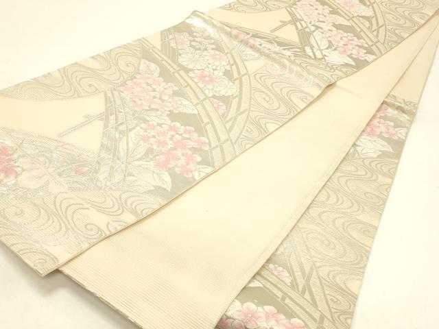 平和屋着物＊夏物 六通柄袋帯 渡橋花文 銀糸 正絹 逸品 DABC8802cm