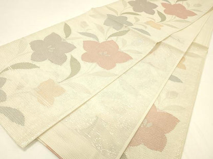 平和屋着物＊夏物 六通柄袋帯 草花文 銀糸 正絹 逸品 DABC8804cm