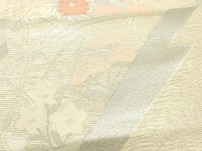 平和屋着物＊夏物 六通柄袋帯 籬草花文 銀糸 正絹 逸品 DABC8805cm