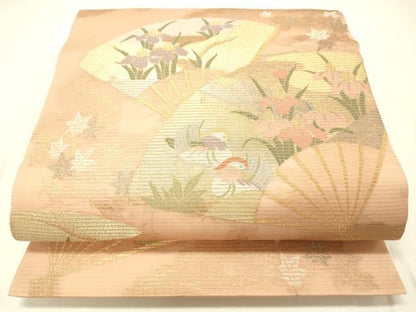 平和屋着物＊夏物 六通柄袋帯 扇面鴛鴦杜若 金銀糸 正絹 逸品 DABC8806cm