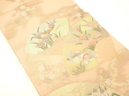 平和屋着物＊夏物 六通柄袋帯 扇面鴛鴦杜若 金銀糸 正絹 逸品 DABC8806cm