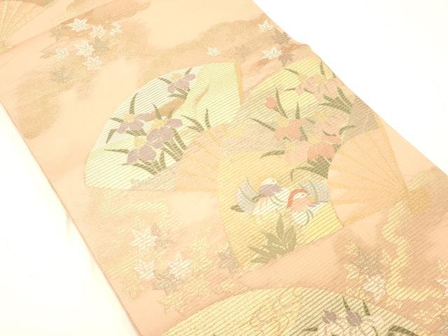 平和屋着物＊夏物 六通柄袋帯 扇面鴛鴦杜若 金銀糸 正絹 逸品 DABC8806cm