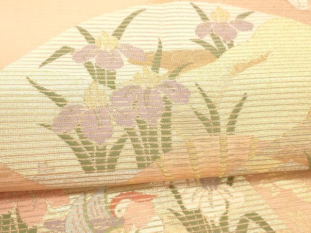 平和屋着物＊夏物 六通柄袋帯 扇面鴛鴦杜若 金銀糸 正絹 逸品 DABC8806cm