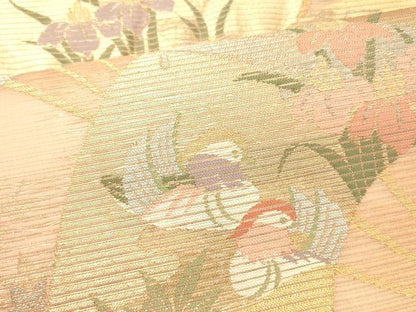 平和屋着物＊夏物 六通柄袋帯 扇面鴛鴦杜若 金銀糸 正絹 逸品 DABC8806cm